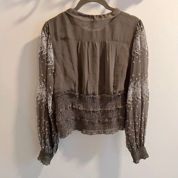 Anthropologie Olive Green Embroidered Blouse Size S - Picture 5 of 7